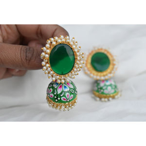 STATEMENT ROUND <b>COLOUR</b> GOLDPLATED DESIGNER HANDPAINTING BIG <b>STONE</b> STUD JHUMKA MATTE FINISHED EARING FOR WOMEN AND GIRLS - Product Image 4