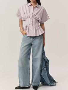 Camisa plisada con botones a rayas para mujer, blusa informal de verano de manga corta con peplum 2025 - Product Image 6