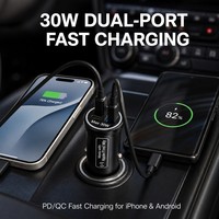 Chargeur de voiture 2-en-1 avec traceur GPS intégré, compatible avec la charge rapide 30W, double port USB-C, anti-perte, application Android, garantie 1 an