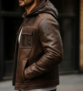 Veste à capuche en cuir véritable pour homme Marron Fermeture éclair Style décontracté Automne Poches Doublure en coton Modèles 2027 - Product Image 1
