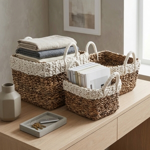 Natural Banana Bark Recycled Plastic Storage <b>Basket</b> Set White Rim <b>Rectangular</b> Arch Handle Shelf Box Setup Decor Pure Art Design - Product Image 5