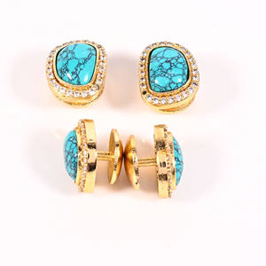 Boutons de Kurta Turquoise 4 Pièces en Laiton Plaqué Or avec Bordure en CZ Accessoires de Luxe pour Sherwani Vêtements de Mariage pour Hommes - Product Image 4