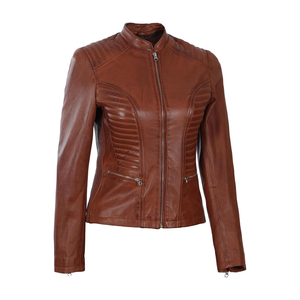 แจ็กเก็ตหนังสำหรับผู้หญิงเสื้อแจ็กเก็ตหนังแขนยาวทรงสลิมฟิตพร้อมโลโก้ตามสั่ง - Product Image 1