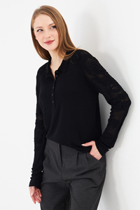 Blouse élégante en tricot à col polo pour femme - Motif rose, dentelle, manches longues, blanc, chic, tricot - Product Image 3