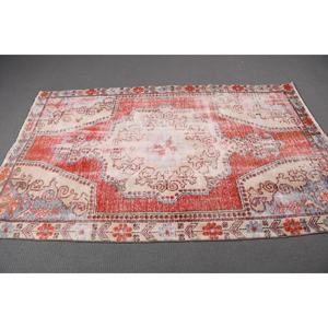 Tapis turc vintage de 4,2 x 6,8 pieds, tapis en laine rouge Ikat - Product Image 2