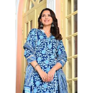 Kurta en coton à manches 3/4 à imprimé floral décontracté bleu Égée avec pantalon et dupatta - Product Image 5