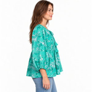 Blouse indienne imprimée à la main, style bohème décontracté, motif floral, respirante, col en V, manches bouffantes, haut court en pur coton, boutonnée - Product Image 2