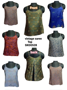 เสื้อโบโฮแบบเปิดด้านบนสไตล์วินเทจสำหรับผู้หญิงเสื้อกล้ามคอวีหนึ่งขนาดความยาวสั้นผ้าส่าหรีผ้าไหมทันสมัยตกแต่งด้วยริบบิ้นกลวง - Product Image 2