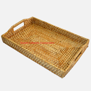 Plateau de service en rotin naturel tissé à la main avec poignées en cuir Plateau de rangement décoratif en osier rectangulaire pour l'organisation de la cuisine - Product Image 5