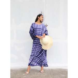 Vestido Kaftan Largo hasta el Suelo con Estampado Tie Dye Índigo para Mujer, Lavable, Holgado, Informal, para Verano, Playa o Resort - Product Image 2