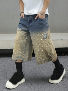 Custom Gradient Rhinestone Denim Shorts <b>for</b> <b>Men</b> Oversized Baggy Streetwear Classic Hip Hop Jorts Two Tone Summer <b>Jean</b> Shorts - Product Image 2