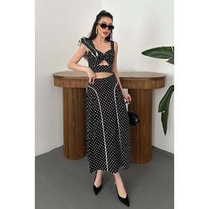 Black Low-Cut Ruffled Blouse and Skirt <b>Set</b> - Black - Product Image 1