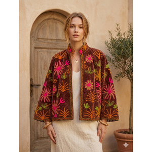 Veste Ziana en velours brun chocolat riche, style bohème, brodée à la main, style universitaire, manches courtes, coton, automne/hiver - Product Image 1