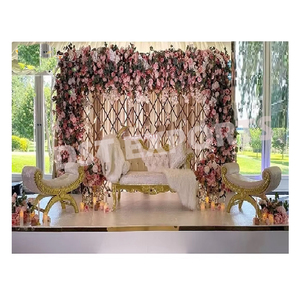 Designer Backless Couch for <b>Mehndi</b> Function Arabian Wedding Golden Carved Couch with Stools New <b>Mehndi</b> Stage Backless Sofa Set - Product Image 2