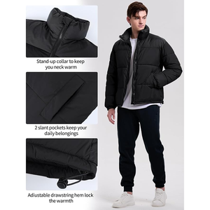 Veste matelassée noire pour homme, coupe-vent, isolée, fermeture éclair, col montant, manteau d'hiver décontracté, rembourrage épais en polyester, coupe régulière - Product Image 6