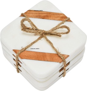 Elegante juego clásico de 4 posavasos cuadrados de mármol blanco y madera de acacia para mesa de centro Bar decoración del hogar - Product Image 4