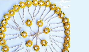 Yellow Traditional Indian <b>Pearl</b> Gotta Patti Artificial Flower Maang Tikka Handmade for Bridal Bridesmaid Mehndi Haldi Sangeet - Product Image 2