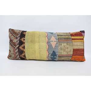 Green Striped Wool Patchwork Pillow 16x36 Inch Woven Technique <b>Vintage</b> Pattern Rustic Comfort Style for Living Room <b>Bedding</b> - Product Image 1