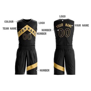 Ensemble de maillot de basket-ball unisexe noir et or sans manches, col en V, imprimé par sublimation, évacuation de l'humidité, taille élastique, adulte - Product Image 5