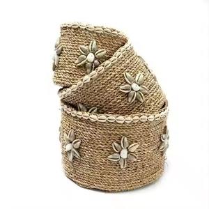 High Quality Flexible Design Bohemian Style Natural <b>Wicker</b> Seagrass <b>Storage</b> <b>Basket</b> Cowrie Shells Dimensional Tolerance <5mm - Product Image 4