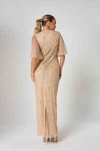 Vestido de fiesta acampanado para mujer, cuello redondo, corpiño adornado a mano con cuentas pesadas, Vestido largo de media manga, vestido de fiesta de noche hasta el suelo - Product Image 4