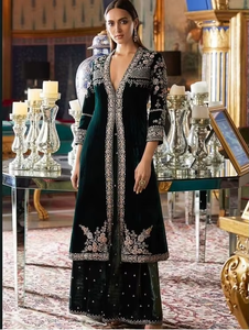 สวย-ยาว Kurta กับ Plaazo --- ชุดสำหรับงานปาร์ตี้-สวมใส่-ชุดที่สวยงาม-งาน Applique สำหรับงานปาร์ตี้/งานแต่งงาน = 2021 - Product Image 4