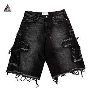 Shorts en jean vintage pour homme, broderie appliquée, cristal, Y2K, délavé, ourlet brut, streetwear, coupe régulière, écologique - Product Image 1