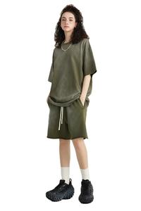 Conjunto de Camiseta y Pantalones Cortos Deportivos Holgados de Algodón Jersey Grueso, Estilo Desgastado por el Sol, Unisex, para Hombre y Mujer - Product Image 1