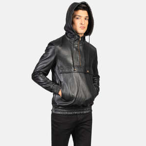 Kenton Men's Genuine <b>Sheepskin</b> Leather Pullover <b>Jacket</b> Black Hooded Casual Style Autumn XS Size Reversible Chain Decoration - Product Image 4