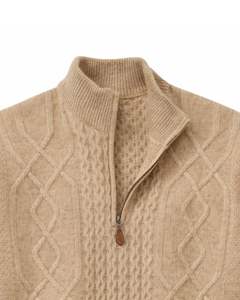 Pull en maille torsadée à col montant pour homme, personnalisé par le fabricant, beige, motif texturé, chaud, décontracté, pour l'hiver, OEM personnalisé - Product Image 5