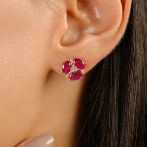 Impresionantes Pendientes de Tres Piedras de Rubí y Diamante 100% Gema Real, Regalo para Mujer, Tendencia en Joyería Fina de Oro Amarillo de 14K - Product Image 2