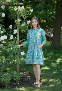 Vestido de algodón transpirable azul bolsillos bloque impreso Mini vacaciones elegante Sexy cuello redondo sostenible venta rápida libre se adapta a la bola - Product Image 3