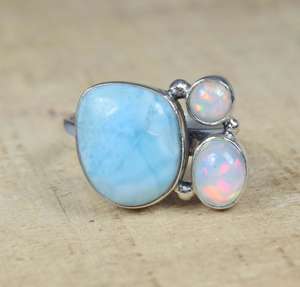 Anillo de Larimar y Ópalo, Plata de Ley 925, Joyería con Múltiples Piedras Preciosas, Hecho a Mano, Anillo de Moda para Mujer, Talla Estadounidense 9 - Product Image 2