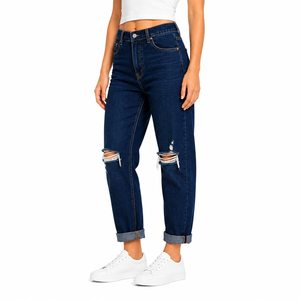 Vaqueros de mezclilla rasgados para mujer, de color liso, de cintura alta, estilo boyfriend, con rodillas rasgadas, pantalones desgastados, a la moda, casuales, de ajuste holgado. - Product Image 4