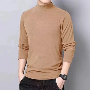 Autumn/Winter <b>Men's</b> Double-Sided Fleece-<b>Lined</b> <b>Long</b> Sleeve <b>T</b>-<b>Shirt</b> Low Collar Base Layer Top with Front Logo Blank Design - Product Image 6