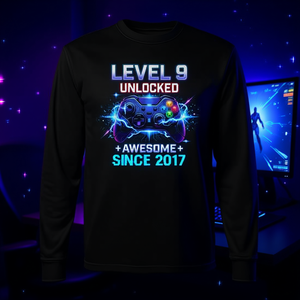T-shirt a maniche lunghe da gamer per ragazzo di 9 anni, livello 9 sbloccato, fantastico dal 2017, categoria T-shirt promozionali - Product Image 3