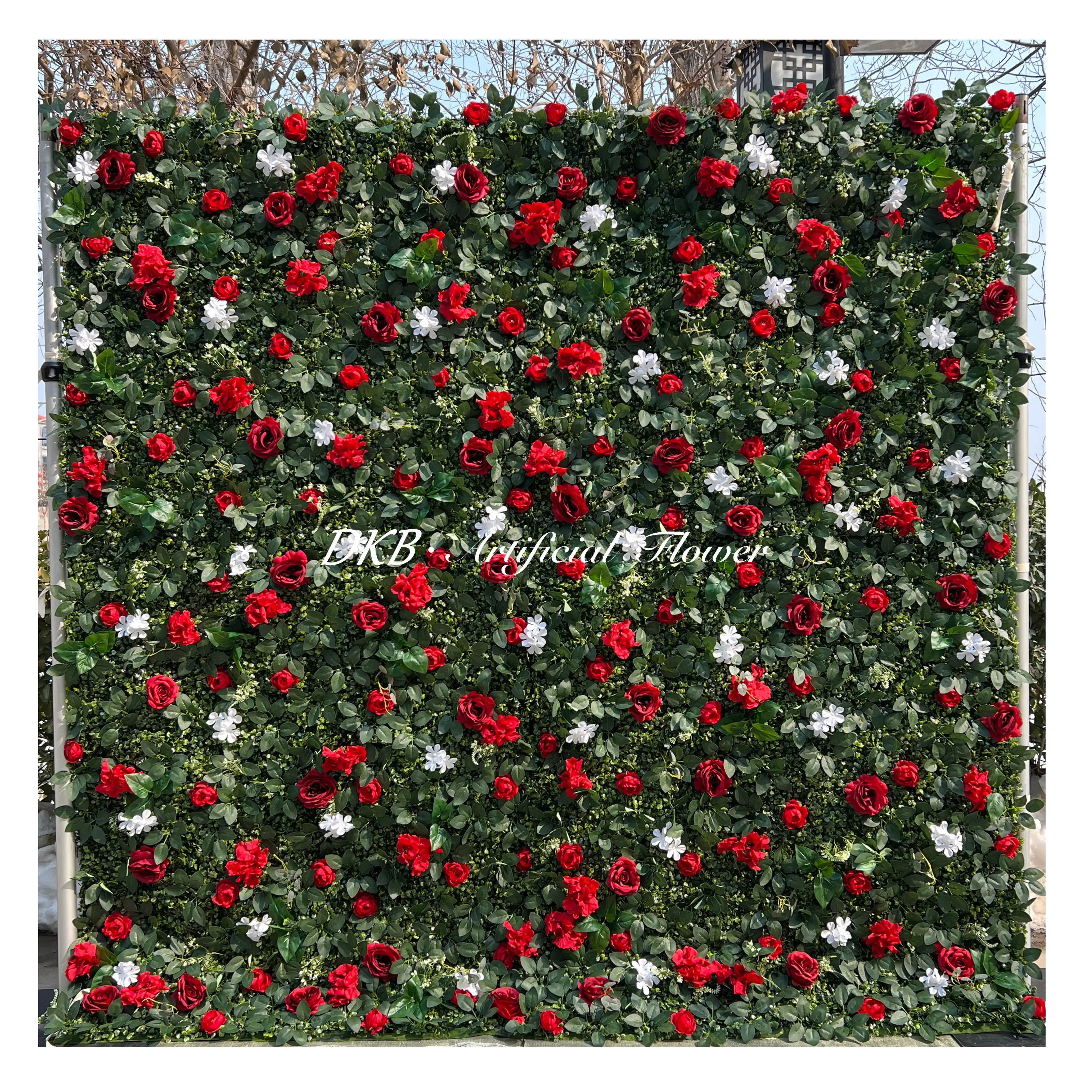 DKB造花ホットセール3Dバラアジサイグリーンウォールマットフラワーウォールフラワー赤と緑結婚式の装飾用
