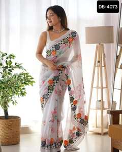 Georgette de Ropa Étnica india con trabajo de diseñador de bordado con trabajo de diseño de estampado floral digital y blusa de seda Banglory pesada - Product Image 3