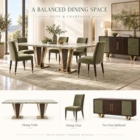 Ensemble de meubles de luxe pour toute la maison : canapé en tissu courbé, chaise à structure métallique, table à manger en pierre frittée, lit rembourré, placage bois
