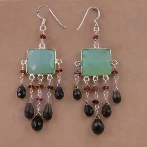 925 Silver Jade Drop <b>Earrings</b> with Garnet and Black <b>Onyx</b> Beads Geometric Bohemia Style for Women Everyday Wear - Product Image 1