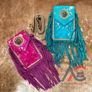 Pelo hecho a mano en cuero de vaca metálico turquesa flecos mujeres bandolera móvil bolso occidental cuero genuino Concho teléfono celular monedero - Product Image 1
