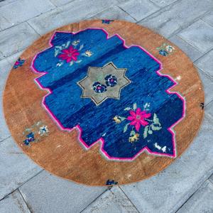 Alfombra Turca Vintage de 4.5x4.5 pies, Alfombra Decorativa, Alfombra de Lana Sólida Azul Marrón - Product Image 2