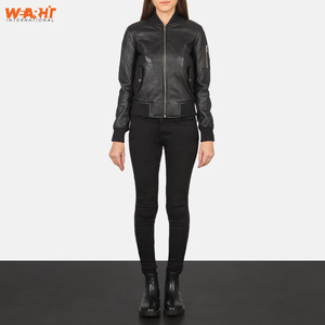 Manteau d'hiver pour femmes en cuir d'agneau noir véritable veste Bomber col montant fermeture éclair coupe ajustée vêtements d'extérieur Style de rue respirant - Product Image 2
