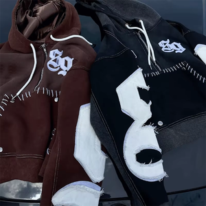 Nouveauté 2025 : Ensemble sweat à capuche vintage délavé et vieilli, style streetwear, avec broderies inversées personnalisées et demi-fermeture éclair - Product Image 4