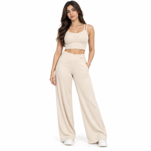 Ensemble deux pièces côtelé pour femme : Crop top à double bretelle et pantalon large taille haute – Vêtements de sport OEM, marque privée, vente en gros - Product Image 3
