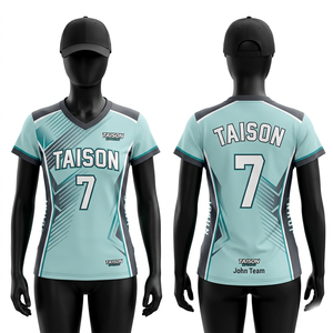 เสื้อวอลเลย์บอลหญิง พรีเมียม 150 GSM ผ้าโพลีเอสเตอร์ตาข่ายระบายอากาศ สีดำเทา ลายเรขาคณิต ออกแบบโลโก้แบบซับลิเมชั่นตามสั่ง - Product Image 5