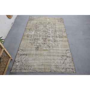 Tapis Vintage en Laine Beige Noir Patchwork Design 3.7X6.2 ft Rectangle pour Entrée Salon pour Adolescents 10mm Épaisseur Latex - Product Image 1