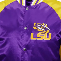 LSU Tiger Purple Satin Baseball Bomber Jacket Stand Collar Winter College Letterman Embroidered Jacket avec service OEM