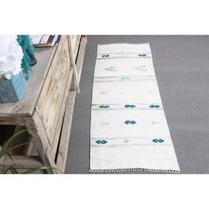 Alfombra Turca Pequeña de 1.7x4.6 pies, Alfombra Blanca y Azul de Estilo Suroeste, de Lana - Product Image 3