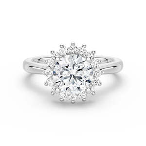 Anillo de Compromiso de Oro de 18K con Forma de Flor, Engastado con Rodio, Moissanita Redonda Incolora de Corte Brillante y Excelente Corte - Product Image 5